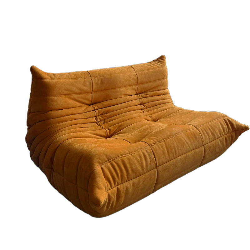 Side view of an Togo-style two- seater in orange fabric.