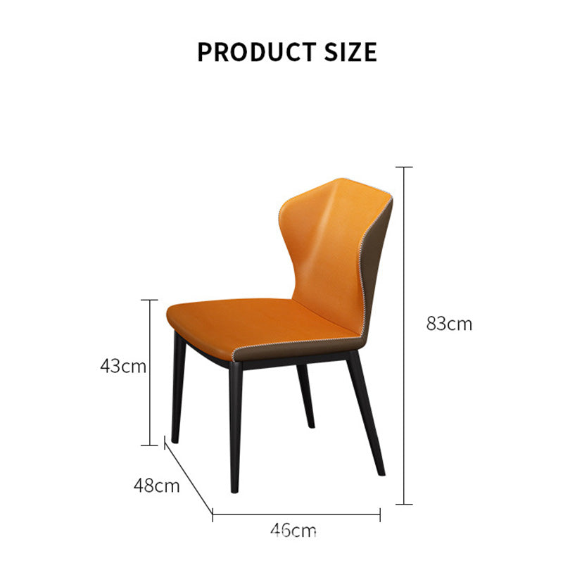 Product size chart for the BF dining chair, showing dimensions for total height (83cm), seat height (43cm), seat depth (46cm), and width (48cm) on an orange model.
