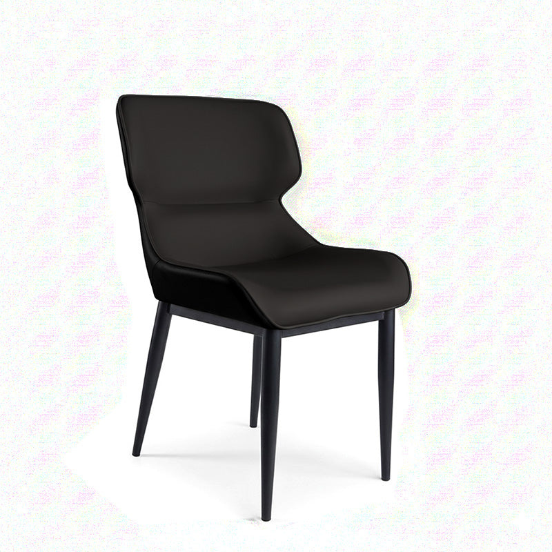 KPIT faux leather dining chair angled front view, ergonomic design with black seat and black metal legs.