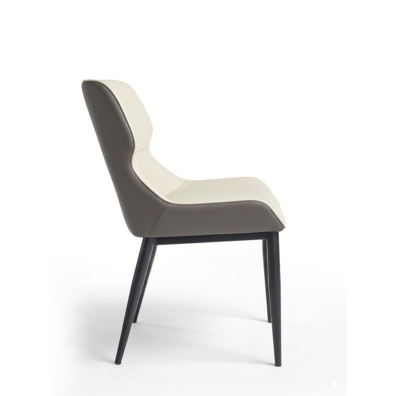 KPIT modern dining chair side view, faux leather upholstery in beige and grey with black metal legs.