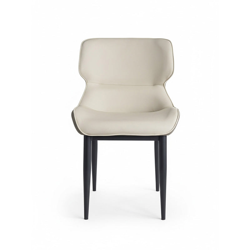 KPIT modern dining chair front view, beige faux leather seat and backrest with sturdy black metal legs.