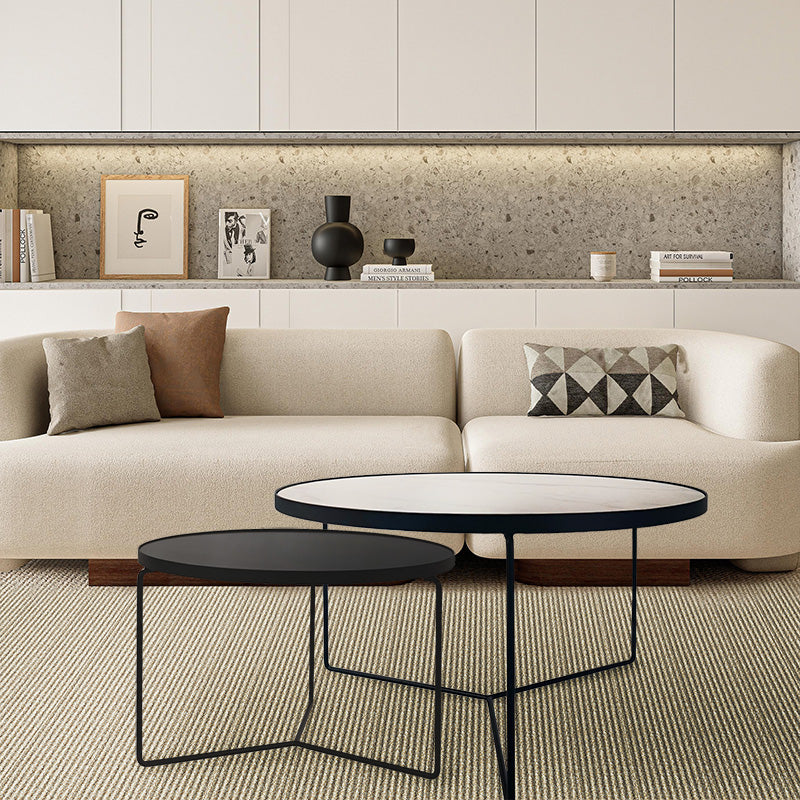 KRON Sintered Stone Coffee Table with Metal Legs - Round Black/White Marble (60cm/80cm)