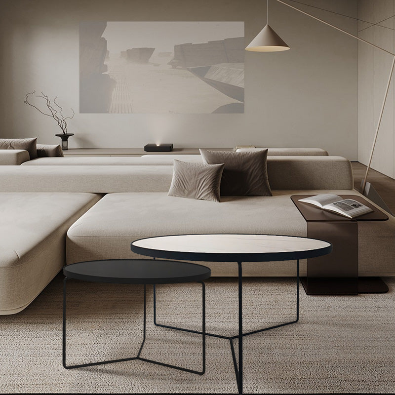 KRON Sintered Stone Coffee Table with Metal Legs - Round Black/White Marble (60cm/80cm)