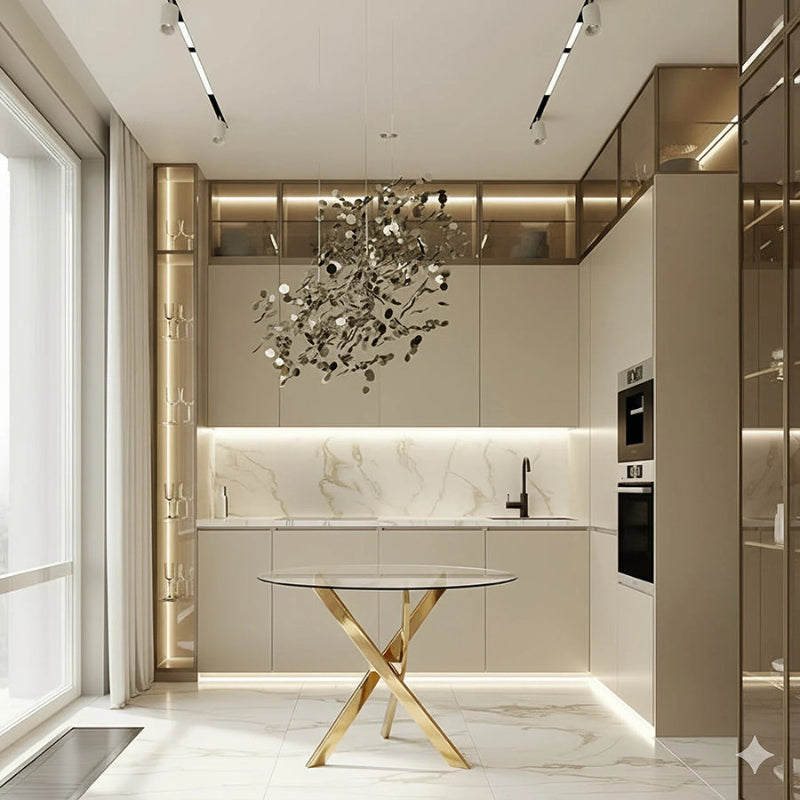 TRINITY round glass dining table styled in a modern kitchen, showcasing its clear 39-inch glass top and contemporary gold mirror-finish stainless steel base.