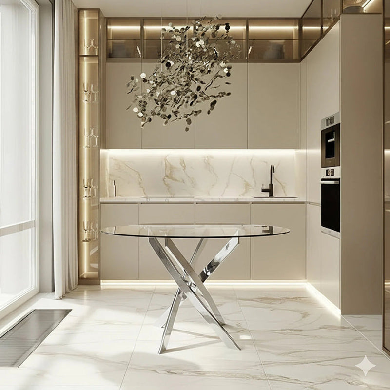 VERDIS modern round glass dining table styled in a contemporary kitchen with mirror stainless-steel cross base