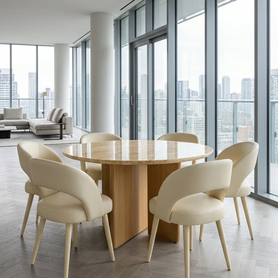 ARCADIA Natural Travertine 47-inch Round Dining Table with Glossy Finish and Natural Oak Legs