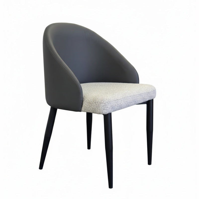 45-degree angled product shot on white background, black metal legs, dark gray leather backrest, light gray fabric seat.