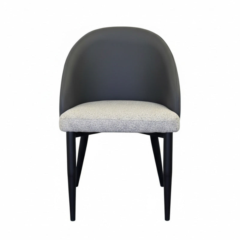 Front view of the NOTI Chair, black metal legs, dark gray leather backrest, light gray fabric seat.