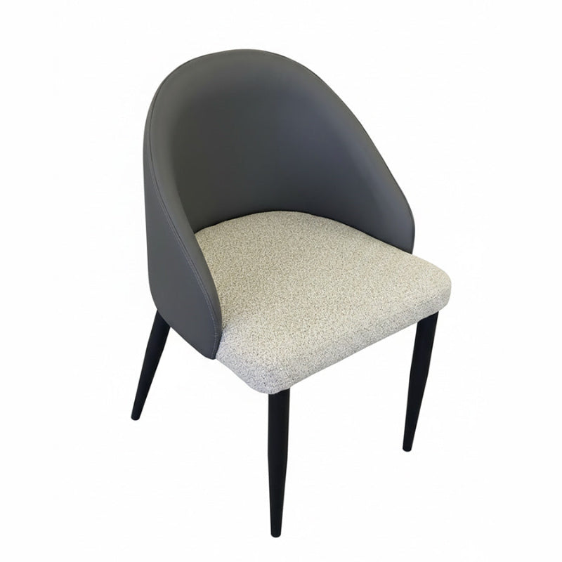 Slightly elevated 45-degree angle product shot on white background, black metal legs, dark gray leather backrest, light gray fabric seat.