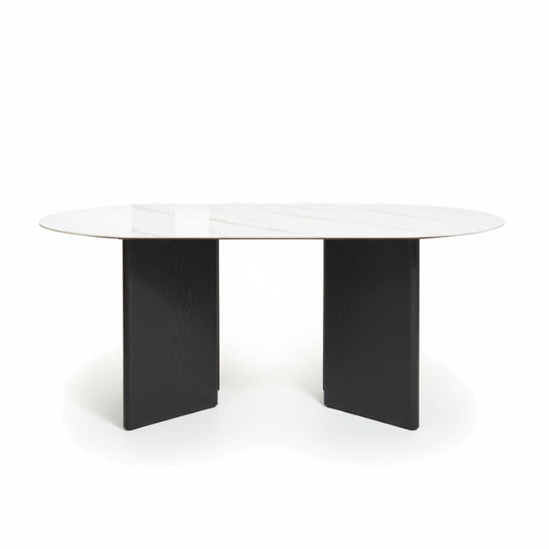 TRIVARA 1.8m Obround Sintered Stone Dining Table – Snow Mountain White & Matte Oak