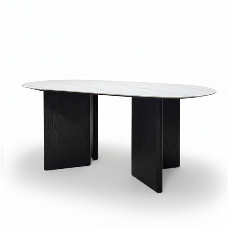 TRIVARA 1.8m Obround Sintered Stone Dining Table – Snow Mountain White & Matte Oak