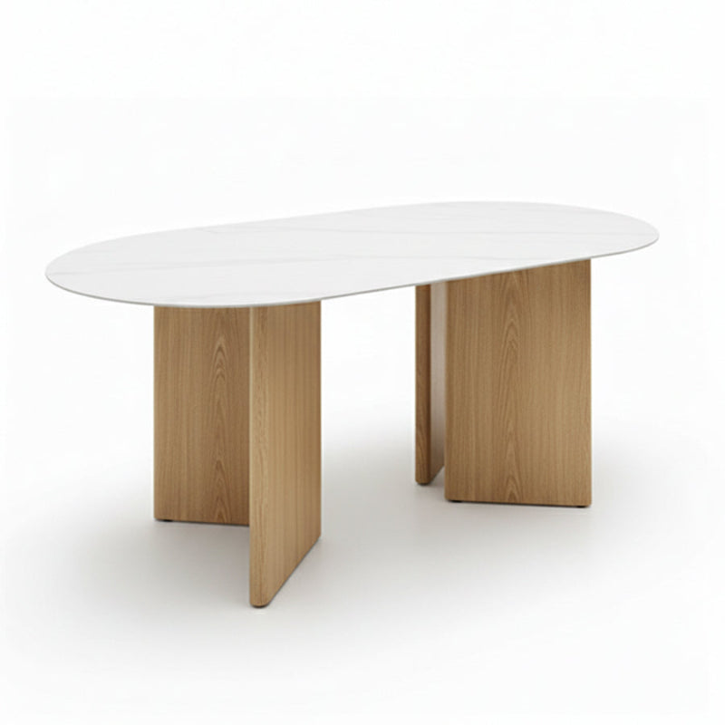 TRIVARA 1.8m Obround Sintered Stone Dining Table – Snow Mountain White & Matte Oak