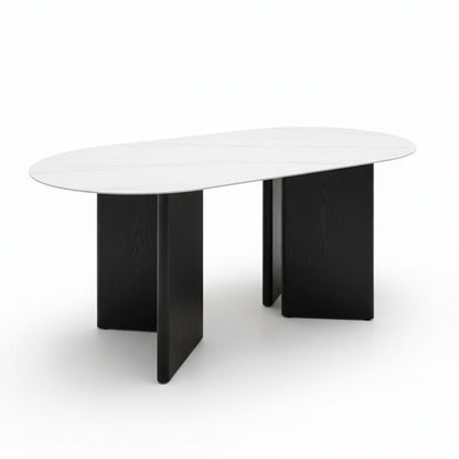 TRIVARA 1.8m Obround Sintered Stone Dining Table – Snow Mountain White & Matte Oak