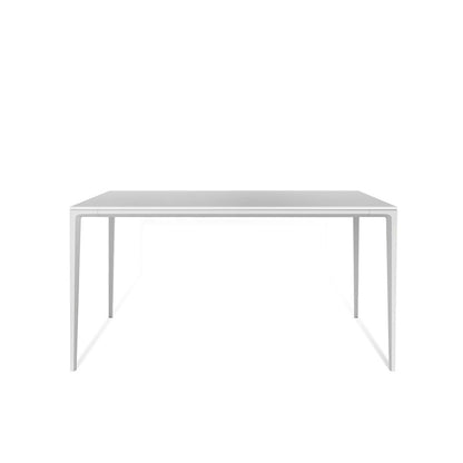 Front perspective studio shot of the RAG Contemporary Sintered Stone Dining Table. The table has a white top and white aluminum legs, isolated on a white background. Dimensions: 140CM x 80CM (55in x 31.5in).