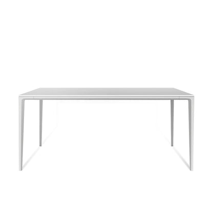 Front perspective studio shot of the RAG Contemporary Sintered Stone Dining Table. The table has a white top and white aluminum legs, isolated on a white background. Dimensions: 180CM x 90CM (71in x 35.5in).