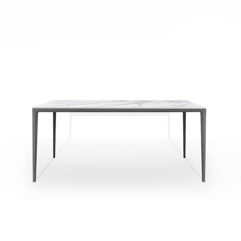 Front perspective studio shot of the RAG Contemporary Sintered Stone Dining Table. The table has a white marble pattern top and grey aluminum legs, isolated on a white background. Dimensions: 180CM x 90CM (71in x 35.5in).