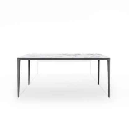 Front perspective studio shot of the RAG Contemporary Sintered Stone Dining Table. The table has a white marble pattern top and grey aluminum legs, isolated on a white background. Dimensions: 180CM x 90CM (71in x 35.5in).