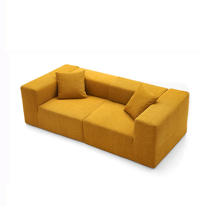 High-angle bird's-eye view of TOFU mustard yellow 2-piece modular sofa featuring a deep-seat frameless design.