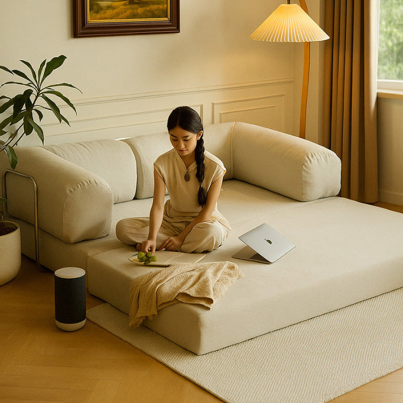Minimalist interior featuring the SOFED off-white corduroy sofa bed in a cozy, sunlit living space.