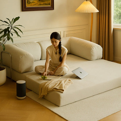 Minimalist interior featuring the SOFED off-white corduroy sofa bed in a cozy, sunlit living space.