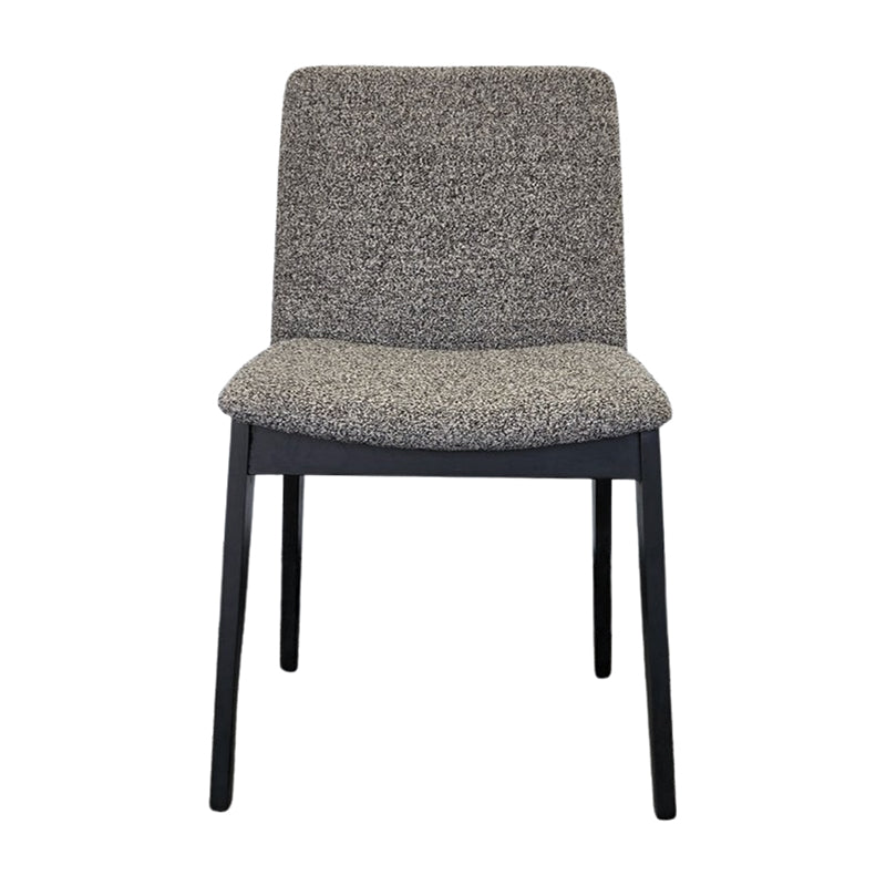 FOD modern dining chair front view with solid black wood legs and grey fabric upholstery.