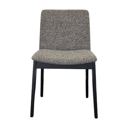 FOD modern dining chair front view with solid black wood legs and grey fabric upholstery.