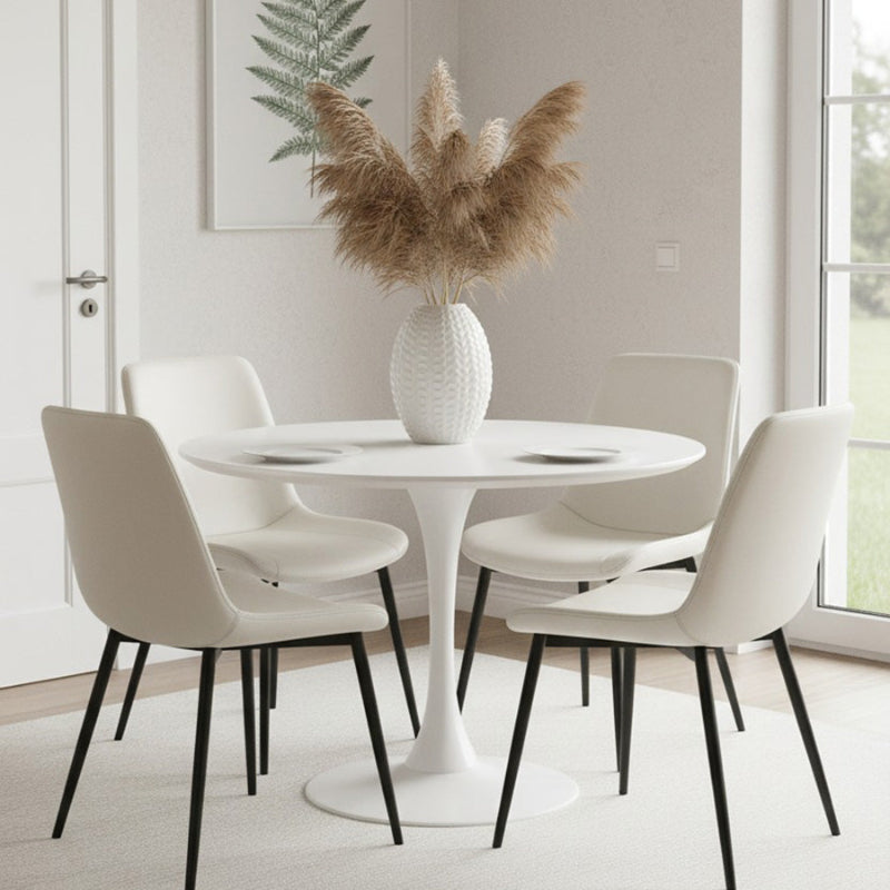 TLIP Round White Sintered Stone Dining Table with SADE White Chairs, Modern Dining Room Scene