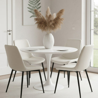 TLIP Round White Sintered Stone Dining Table with SADE White Chairs, Modern Dining Room Scene