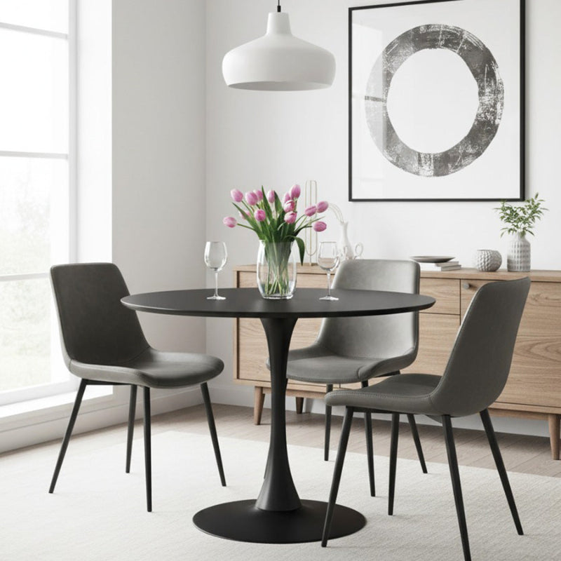 TLIP Round Black Sintered Stone Dining Table with Grey SADE Chairs – Elegant Dining Room Setting with Modern Contrast
