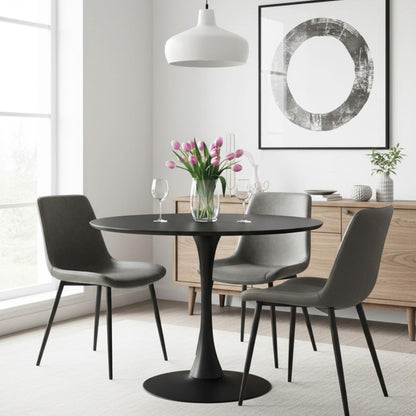 TLIP Round Black Sintered Stone Dining Table with Grey SADE Chairs – Elegant Dining Room Setting with Modern Contrast