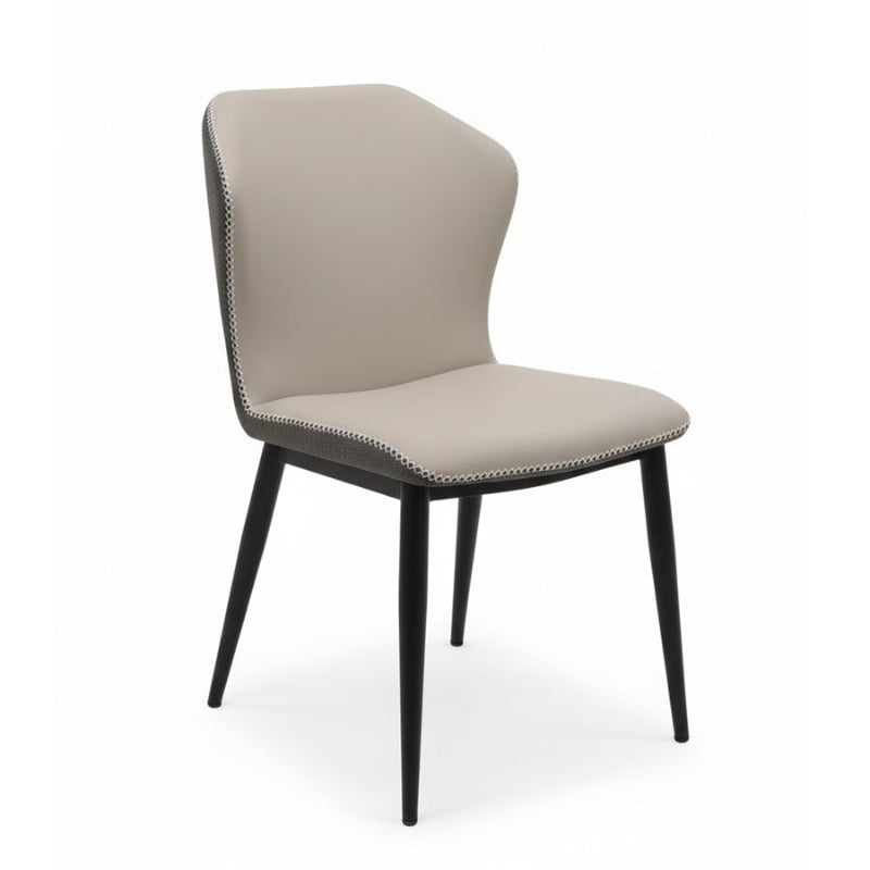 BF modern dining chair front view, beige faux leather seat with contrast stitching and black metal legs.