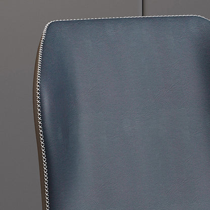 Close-up detail of the BF chair's dark blue faux leather backrest, highlighting the texture and the white decorative whipstitch contrast stitching.