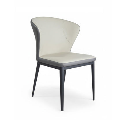 45-degree angle view of CORNO beige and grey dining chair, leather upholstery, modern style