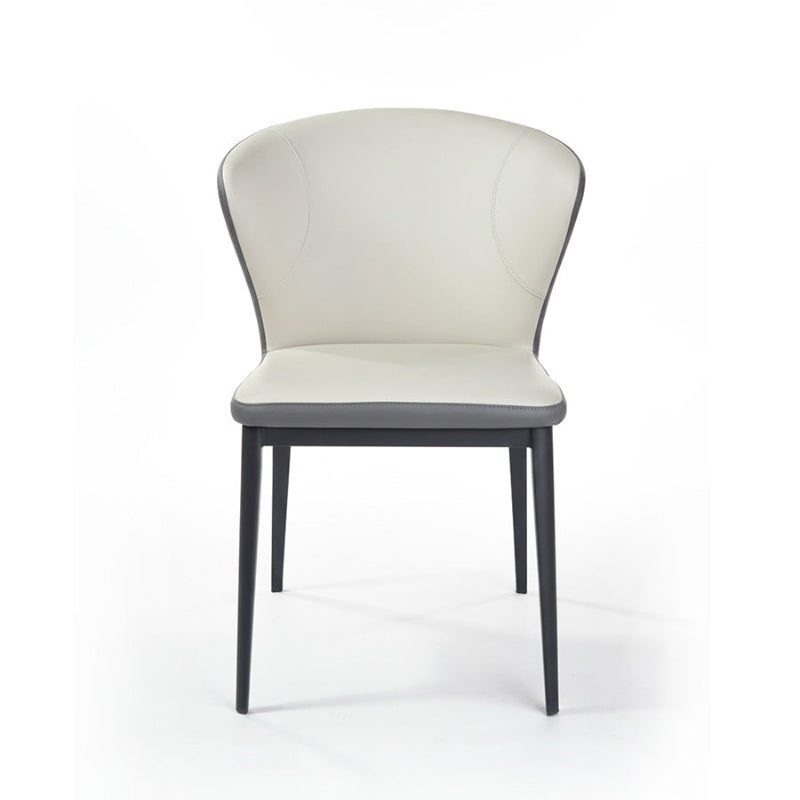 Front view of CORNO modern dining chair in beige and grey, faux leather seat, metal legs