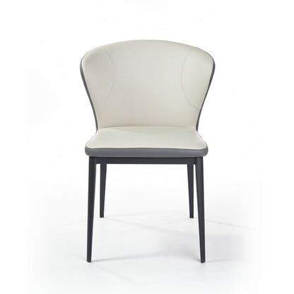 Front view of CORNO modern dining chair in beige and grey, faux leather seat, metal legs