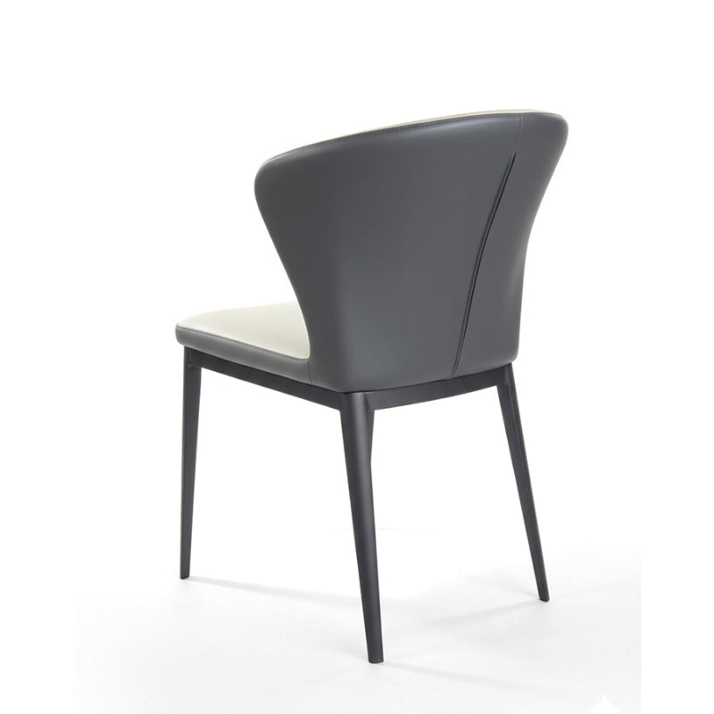 Back perspective view of CORNO beige and grey dining chair with fabric back panel and metal legs