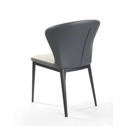 Back perspective view of CORNO beige and grey dining chair with fabric back panel and metal legs