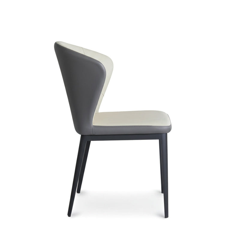  Side view of CORNO beige and grey dining chair with ergonomic backrest and slim metal frame