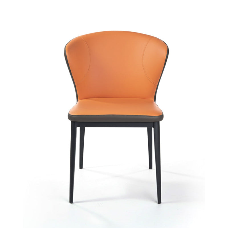 Front view of CORNO modern dining chair in orange and grey, faux leather seat, metal legs