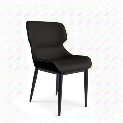 KPIT faux leather dining chair angled front view, ergonomic design with black seat and black metal legs.