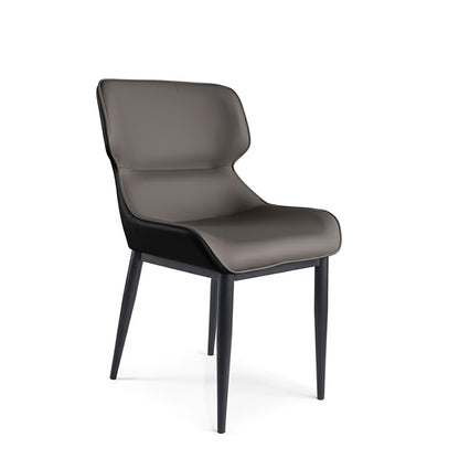 KPIT faux leather dining chair angled front view, ergonomic design with dark grey seat and black metal legs.