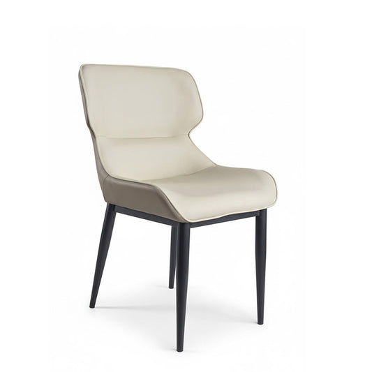 KPIT faux leather dining chair angled front view, ergonomic design with beige seat and black metal legs.