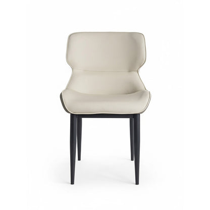 KPIT modern dining chair front view, beige faux leather seat and backrest with sturdy black metal legs.
