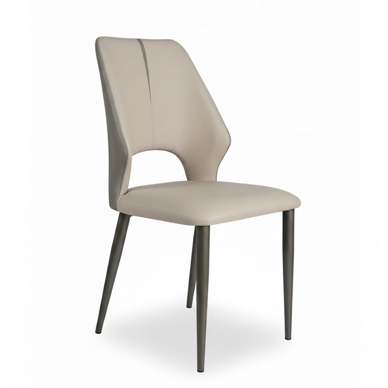 MYRIN beige upholstered dining chair – angled perspective with contoured backrest