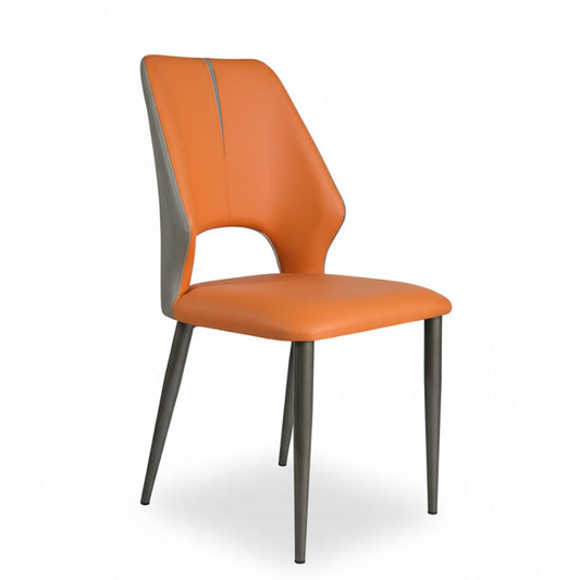 Perspective view of MYRIN orange faux leather dining chair – modern style