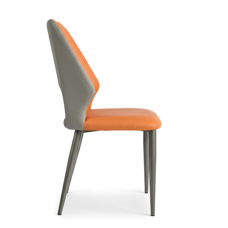 Side view of MYRIN orange faux leather dining chair with ergonomic backrest