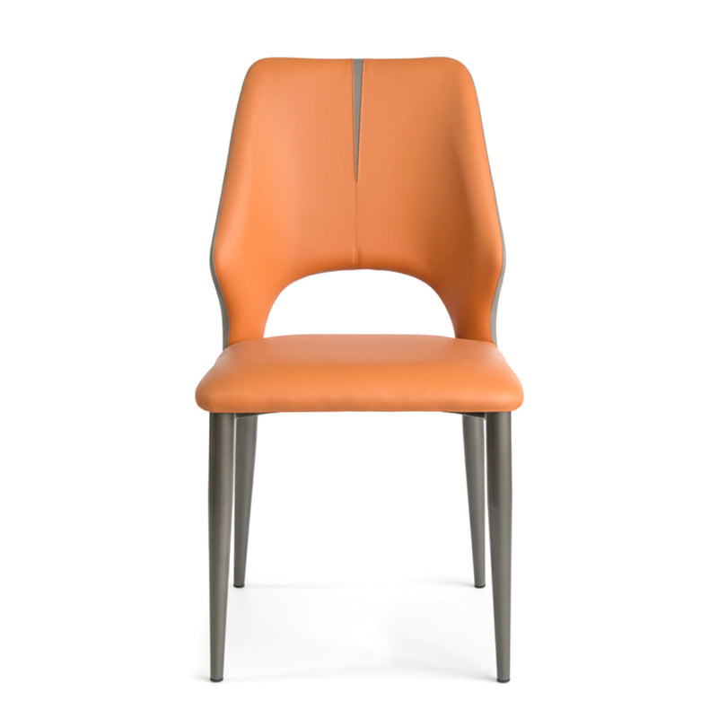 MYRIN upholstered dining chair in vibrant orange with gray accents – front angle