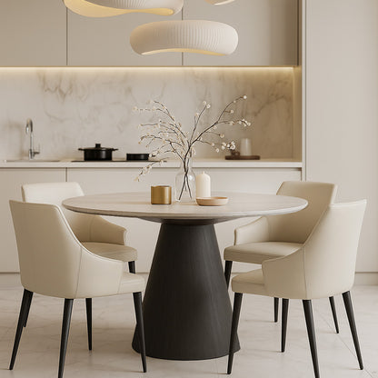 Round dining table scene – Beige SORREN Dining Chair in contemporary dining setup