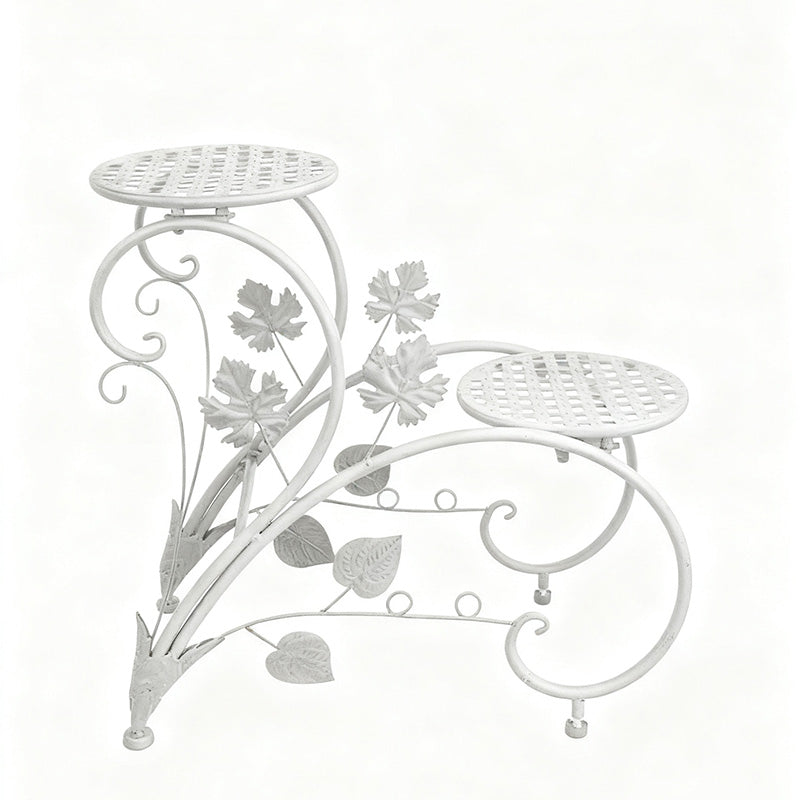 FLORON White Wrought Iron Two-Tier Flower Stand, featuring intricate vine, leaf, and scrollwork design. Includes two circular mesh planter platforms, on a white background.