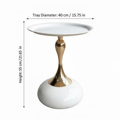 A white and gold metal GOLP side table with a round, tray-like top (Diameter: 40 cm / 15.75 in) and a glossy, bulbous base. The table has a slender, ornate gold metal pedestal connecting the top and base. The total height is marked as 55 cm / 21.65 in.